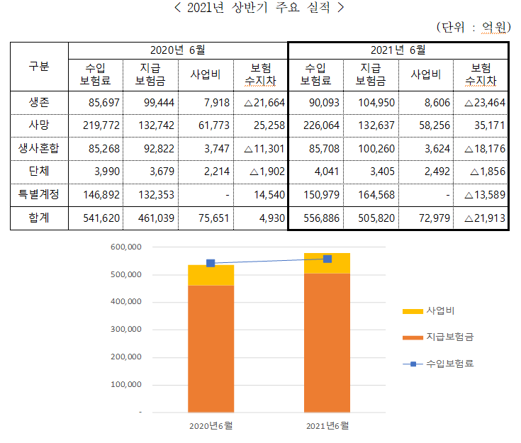 생명보험 2021년 상반기 주요 실적